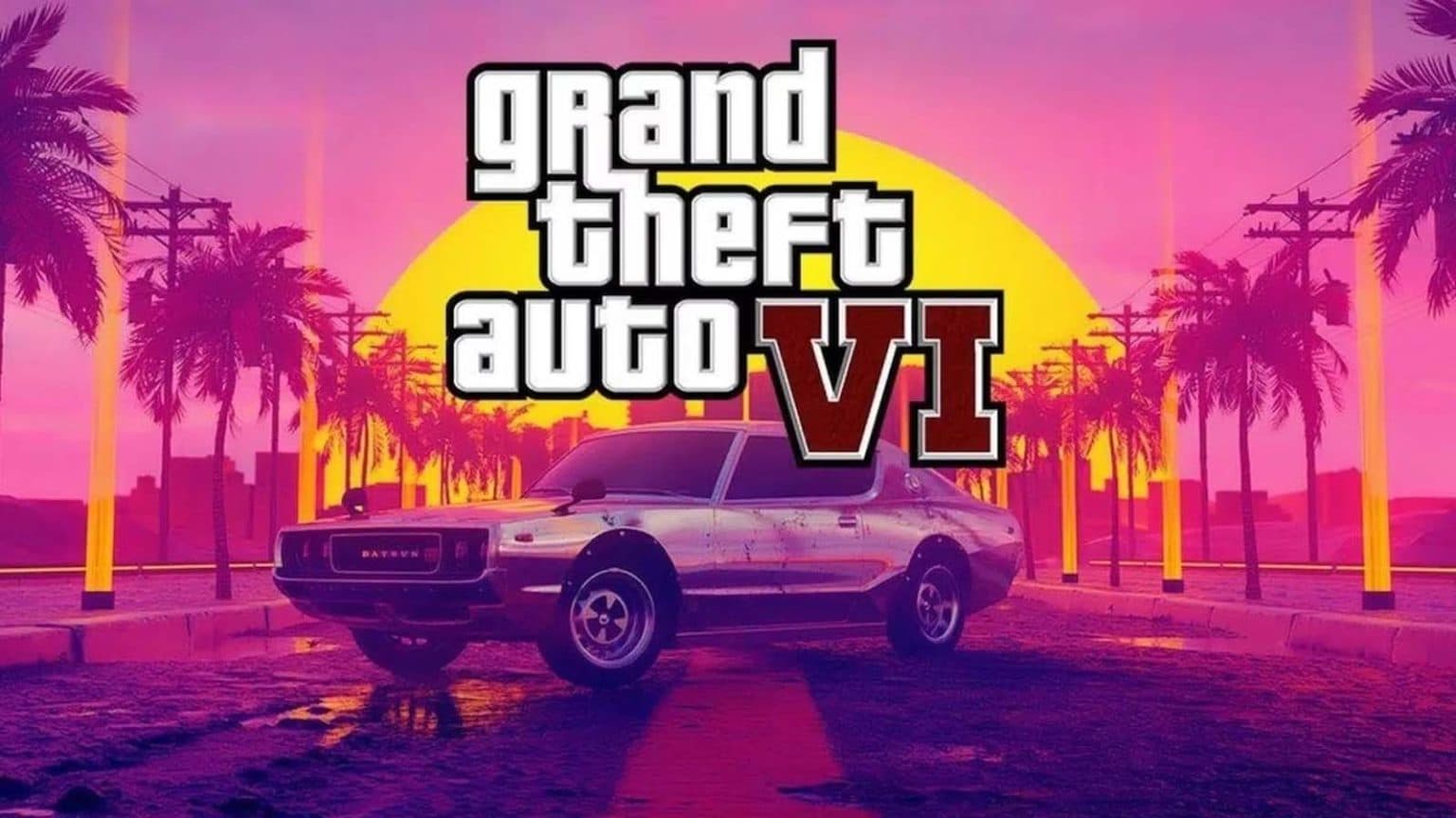 طرح GTA VI با خودروی کلاسیک، درختان نخل و غروب صورتی و بنفش